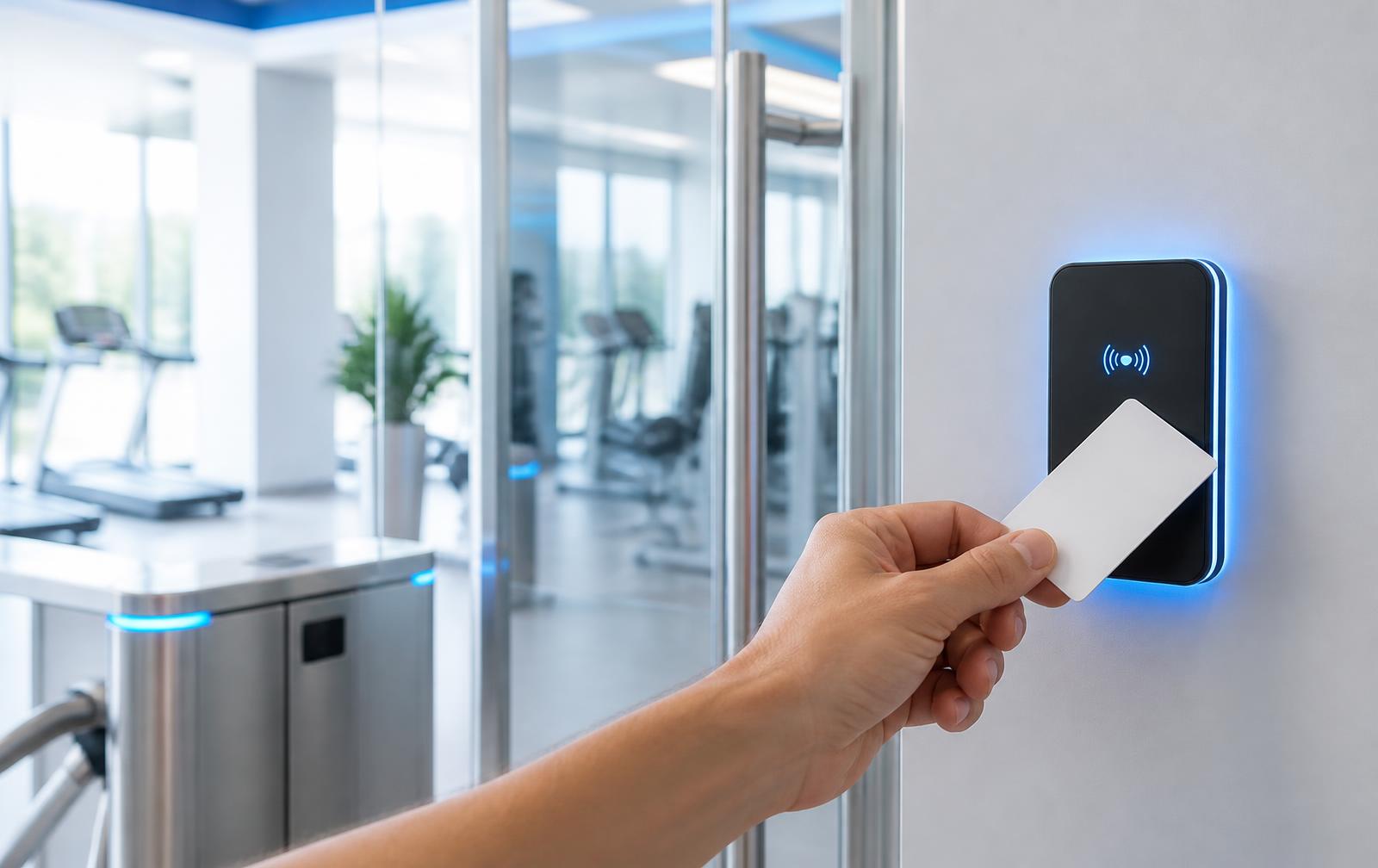 Gym member scanning a card at a GymEXA door access reader